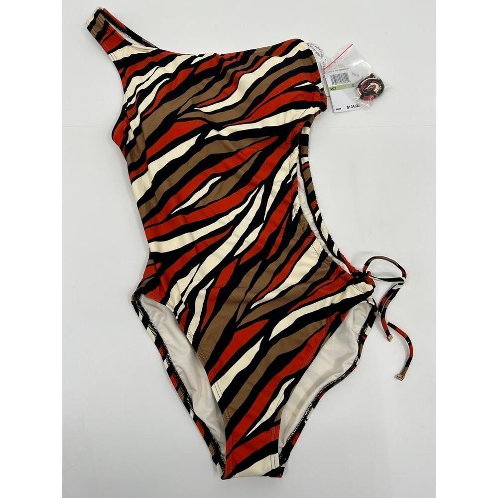 NWT Michael Kors Chic Swimwear Zebra Print One-Shoulder Women's Swimsuit Size 8 - Picture 4 of 10